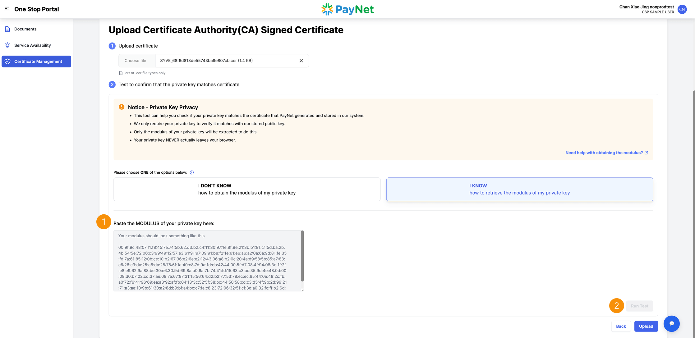 One Stop Portal Certificate Renewal Test Private Key - Option 2