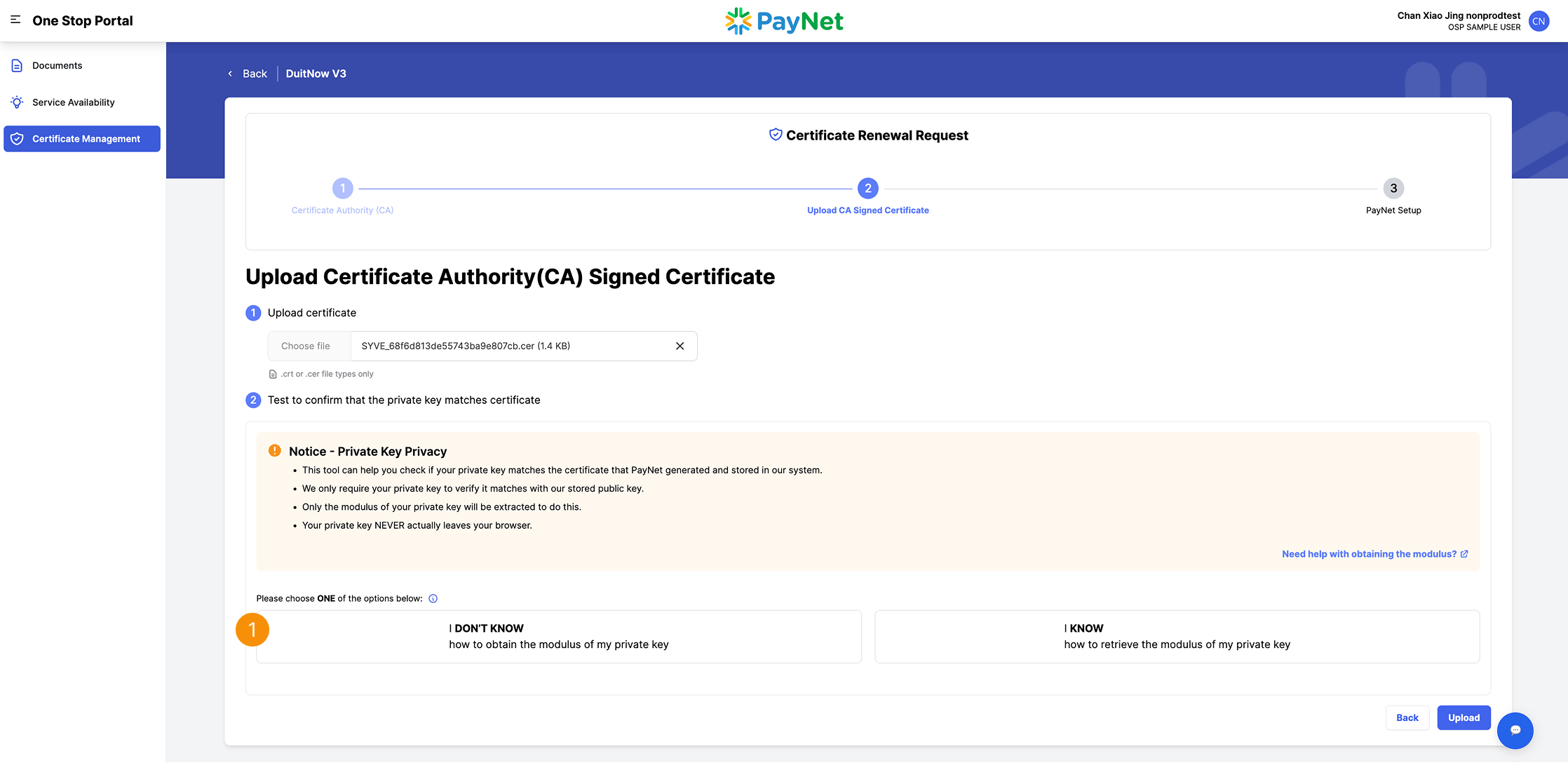 One Stop Portal Certificate Renewal Test Private Key - Step 1
